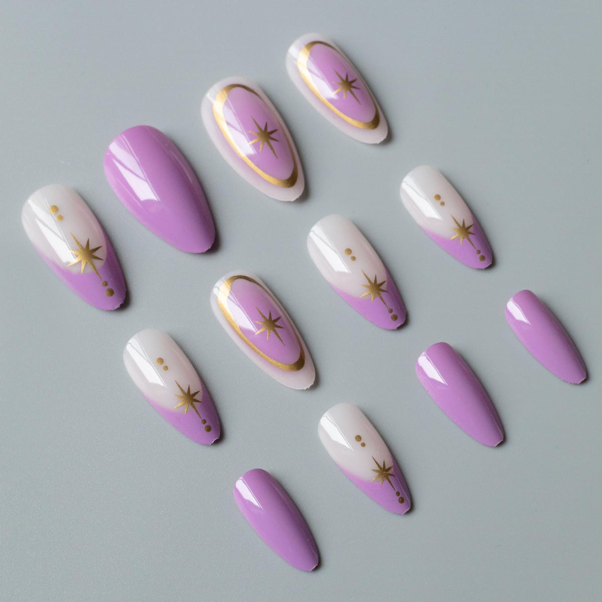 24pcs Almond Press On Nails Medium Fake Nails Gradient With Gold Star Design French Tip False Nails Purple Acrylic Nails Full Cover Artificial Glossy Glue On Nail Stick On Nail For Women