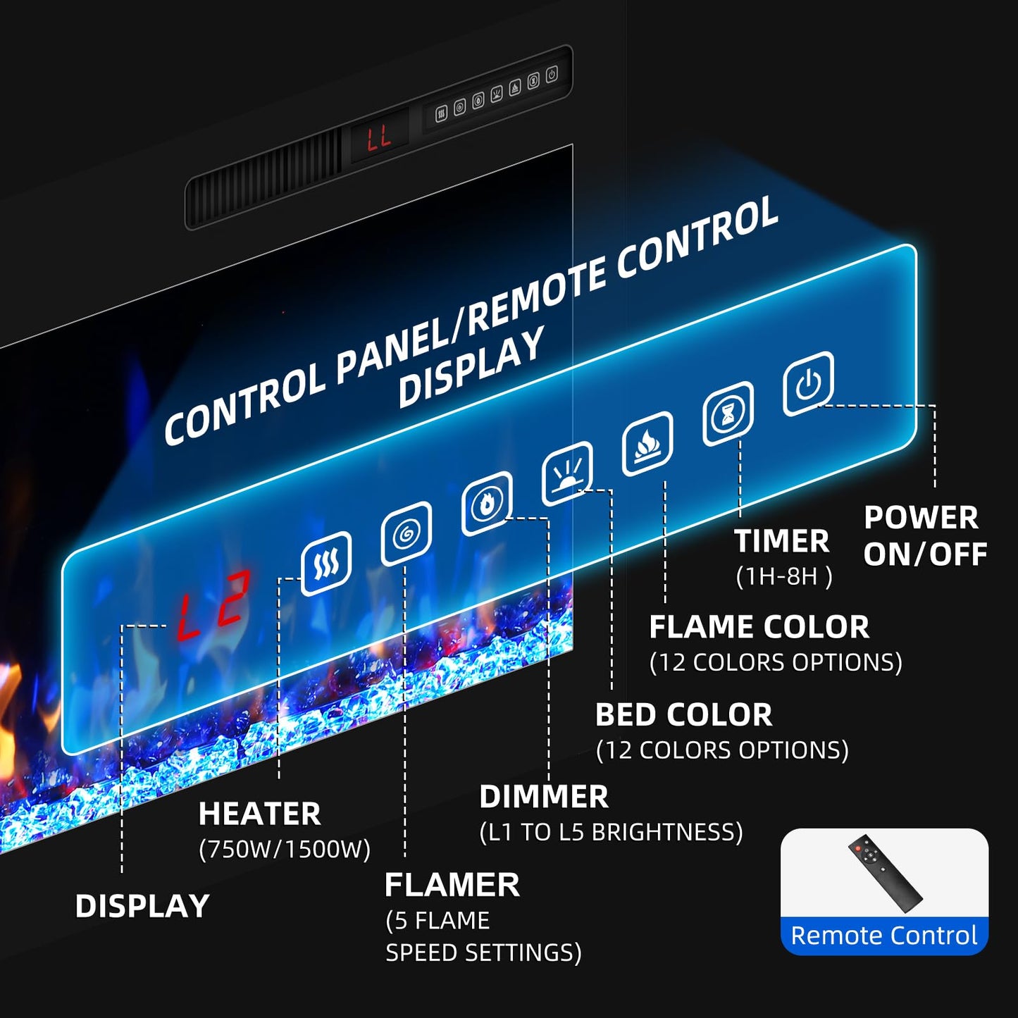 68 inch Electric Fireplace Inserts and Wall Mounted with Remote Control & Touch Screen 1500W Fireplace Heater Ultra Narrow Frame