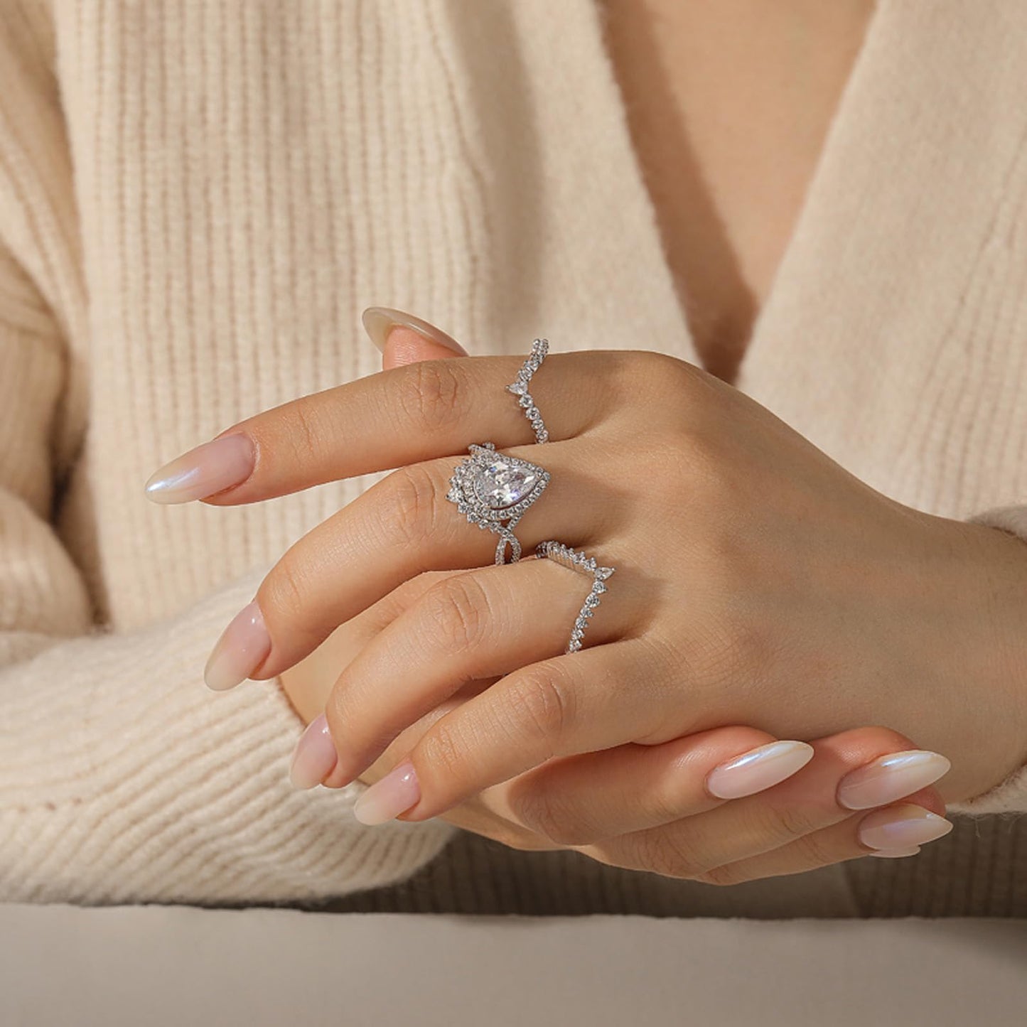 Jeulia 2PCS Interchangeable Engagement Ring Set for Women; 925 Sterling Silver Marquise/Pear Cut Wedding Ring Set Romantic Anniversary Christmas Bridal Set with Jewelry Gift Box (Pear Cut, 7.5)