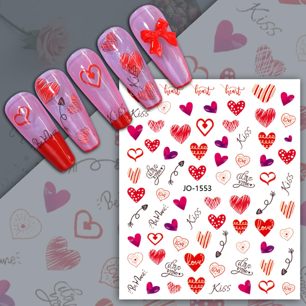 12 Sheets Valentine's Day Nail Sticker for Nails Art 3D Embossed Self-Adhesive Pink Red Love Heart Lips Valentine's Day Nail Decal Design Supplies for Women DIY Manicure Art Decoration YX1241