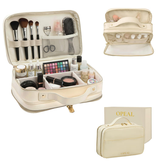 OPEAL 2-in-1 Travel Makeup and TSA Toiletry Organizer for Women – Flexible Compartments, Clear TSA Window, Wipe Clean Vegan Leather, Gift Box Included – Carry-On Approved, Cream
