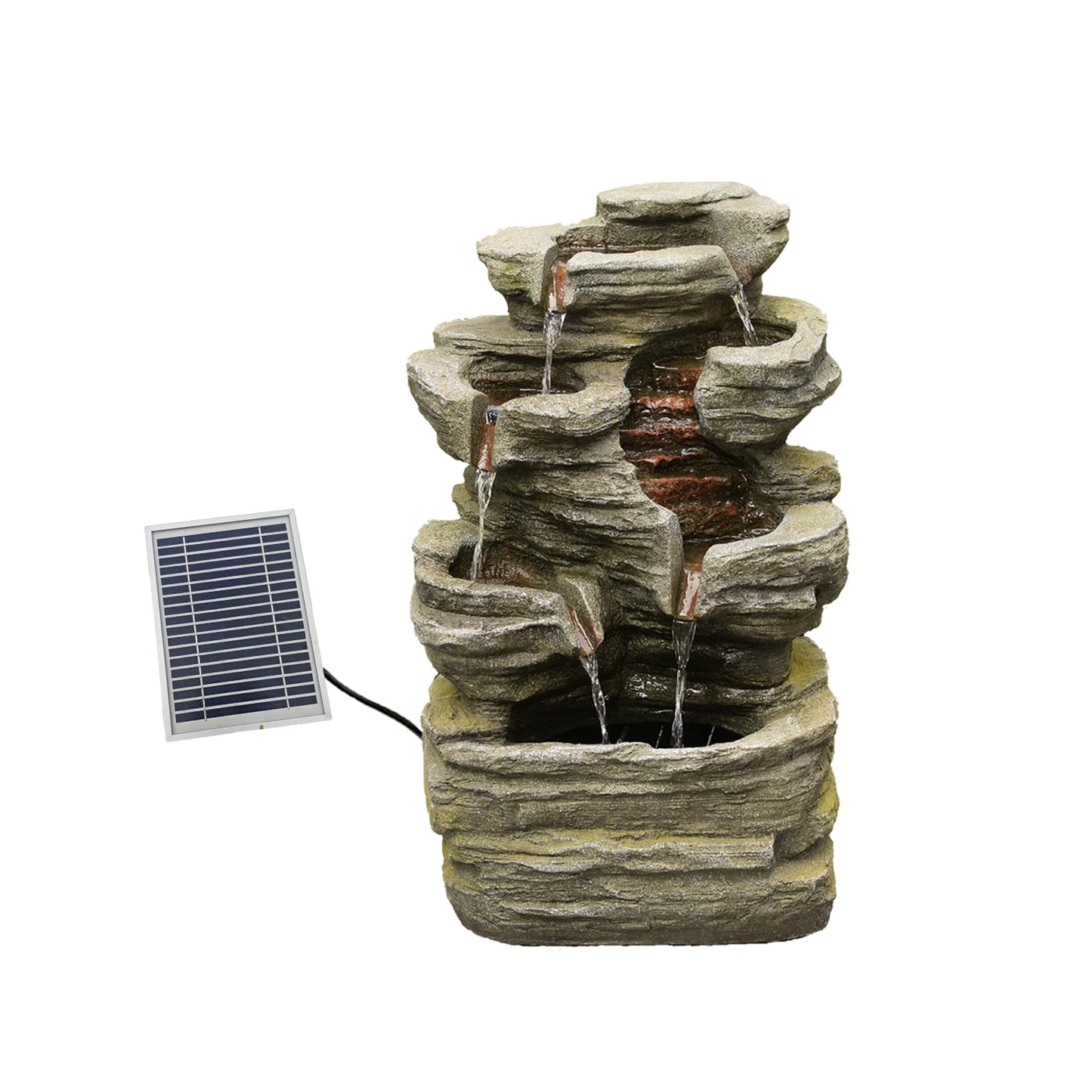 6-Tier Solar Water Fountain Outdoor, 24.4" H Cascading Rock Feature Garden Fountains and Waterfalls with Light, Pump, Solar Panel for The Patio, Deck, Porch, Backyard Home Décor, Stone Gray
