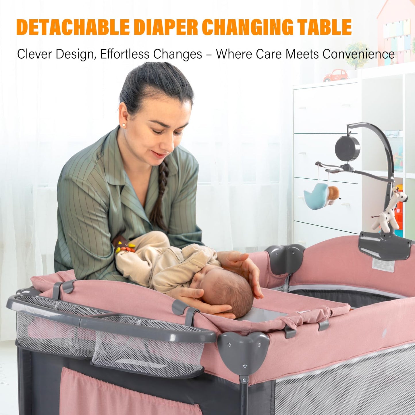 Soobaby 5 in 1 Baby Crib,Baby Bassinet, Bedside Cribs, Pack and Play with Changing Table, Portable Travel bedToys & Music Box,Mattress for Girl Boy Infant Newborn (Pink)