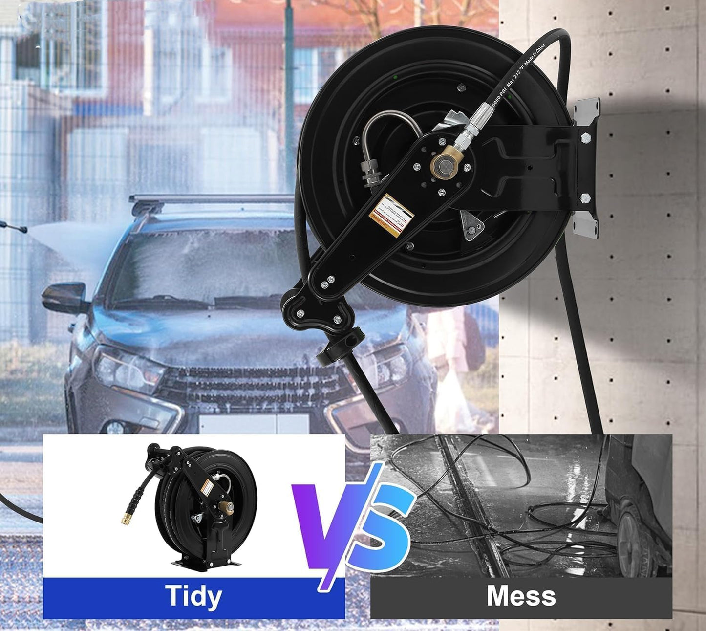 50FT x 3/8"Retractable Pressure Washer Hose Reel, Heavy Duty Steel Professional Power Wash Hose Reel with 5 ft Lead ，4000 PSI ，for Oil/Air/Water