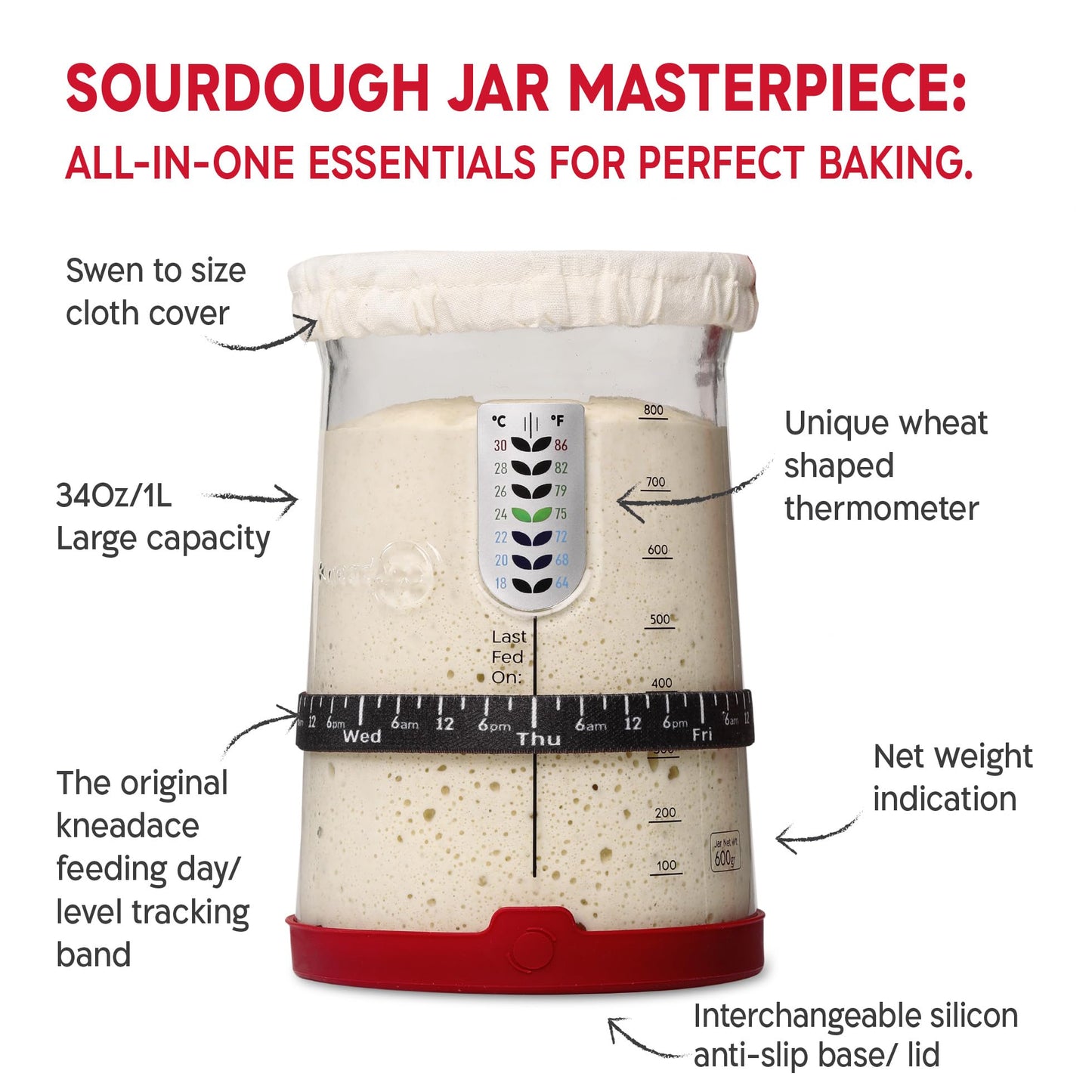KneadAce Sourdough Starter Kit (PRO 34oz Jar, 2xRound Baskets, Red Bread Lame)