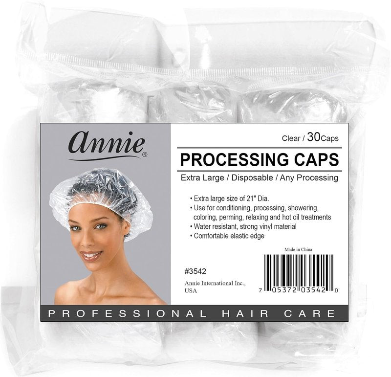 ANNIE Extra Large Processing Caps — Clear Disposable Hair Treatment Caps for Coloring, Perming, Conditioning & Showering — 100-Count XL 21″ Diameter Protective Caps