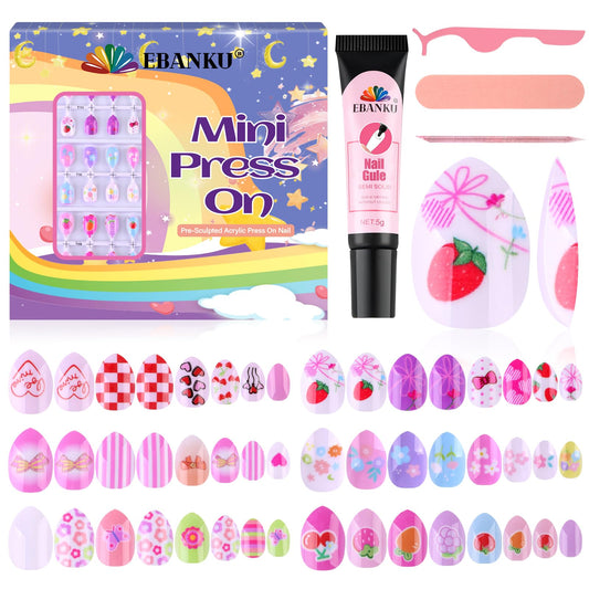 EBANKU 144 Pcs Press on Nail for Kids, Flowers Pattern Fake Nails for Kids Colorful Press on Nail Short Artificial False Nail Kits for Nail DIY
