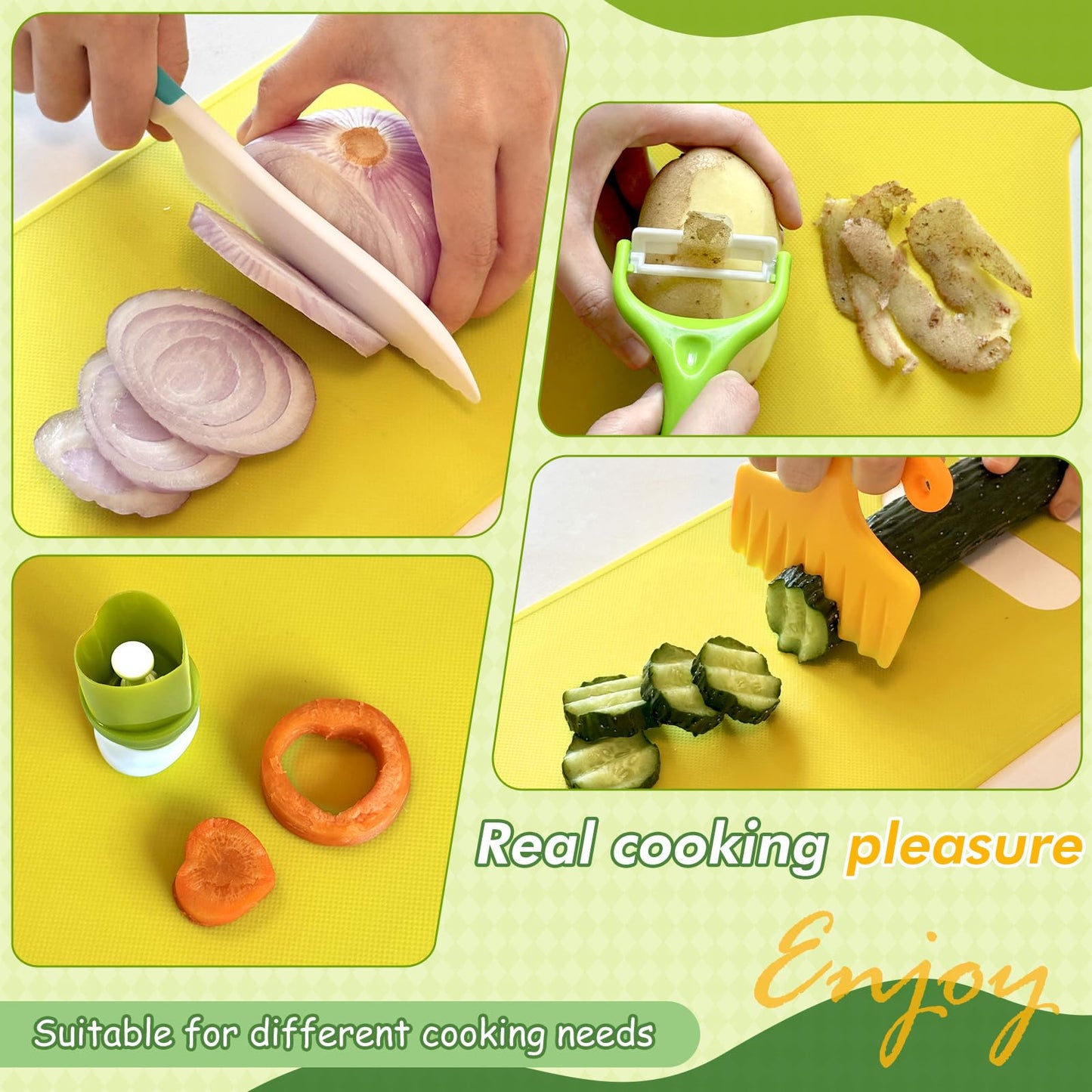 Chanking 17 Pieces Kids Safe Knife Set for Real Cooking Child-Friendly Plastic Chef Tools Montessori Kitchen Toys for Toddlers Birthday Gifts for Boys and Girls Ages 4+ (B)