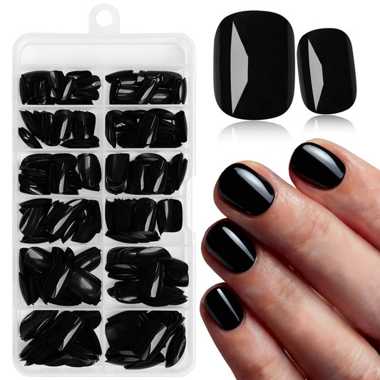 240pc Black Press on Nails Short Squoval Fake Nails with Glue Tabs, Extra Short Nails Press on Nail Square Round Glue on Nail Black Acrylic Nail XS False Nail Women Girls Artificial Fingernails Kit