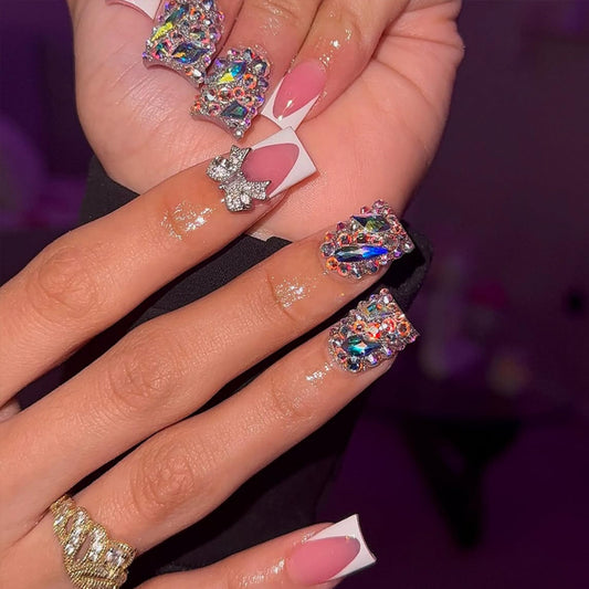 octoswave Press on Nails Short Square Fake Nails DIY3D Artificial Nail Bow Sparkly Rhinestones Charm Stick on Nail for Women 24pcs