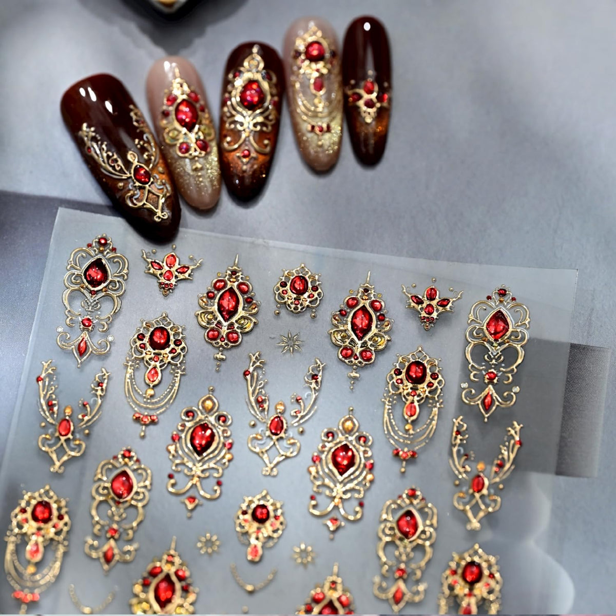 5D Embossed Red Gemstone Nail Art Stickers Gold Nail Stickers Gold Red Baroque Nail Decals for Nail Art Gem Nail Design Nail Supplies for Women Girls DIY Manicure Decoration