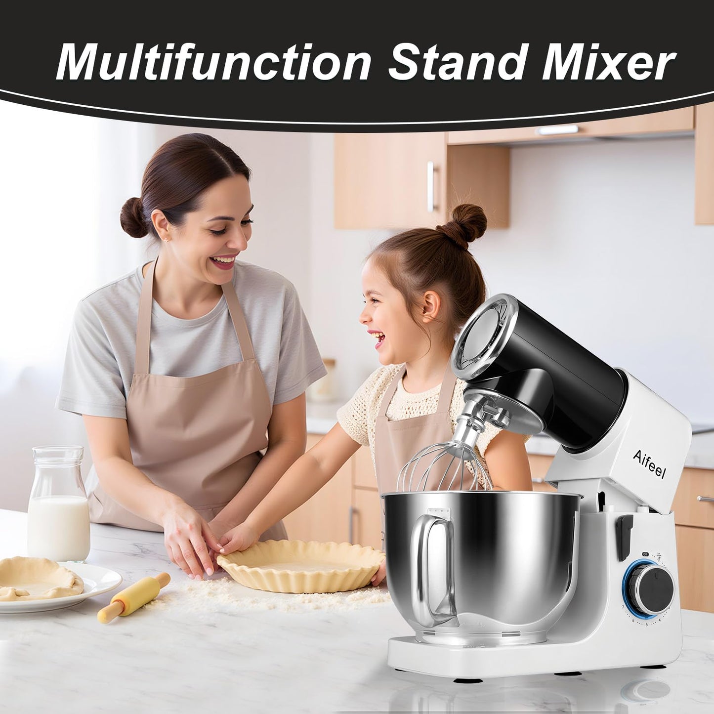 Aifeel Stand Mixer,6.5QT Tilt-Head Electric Stand Mixer,700W DC Motor with Low Noise,Kitchen Mixer with Dough Hook,Beater,Whisk,Dishwasher-Safe Attachments for Baking (Black)