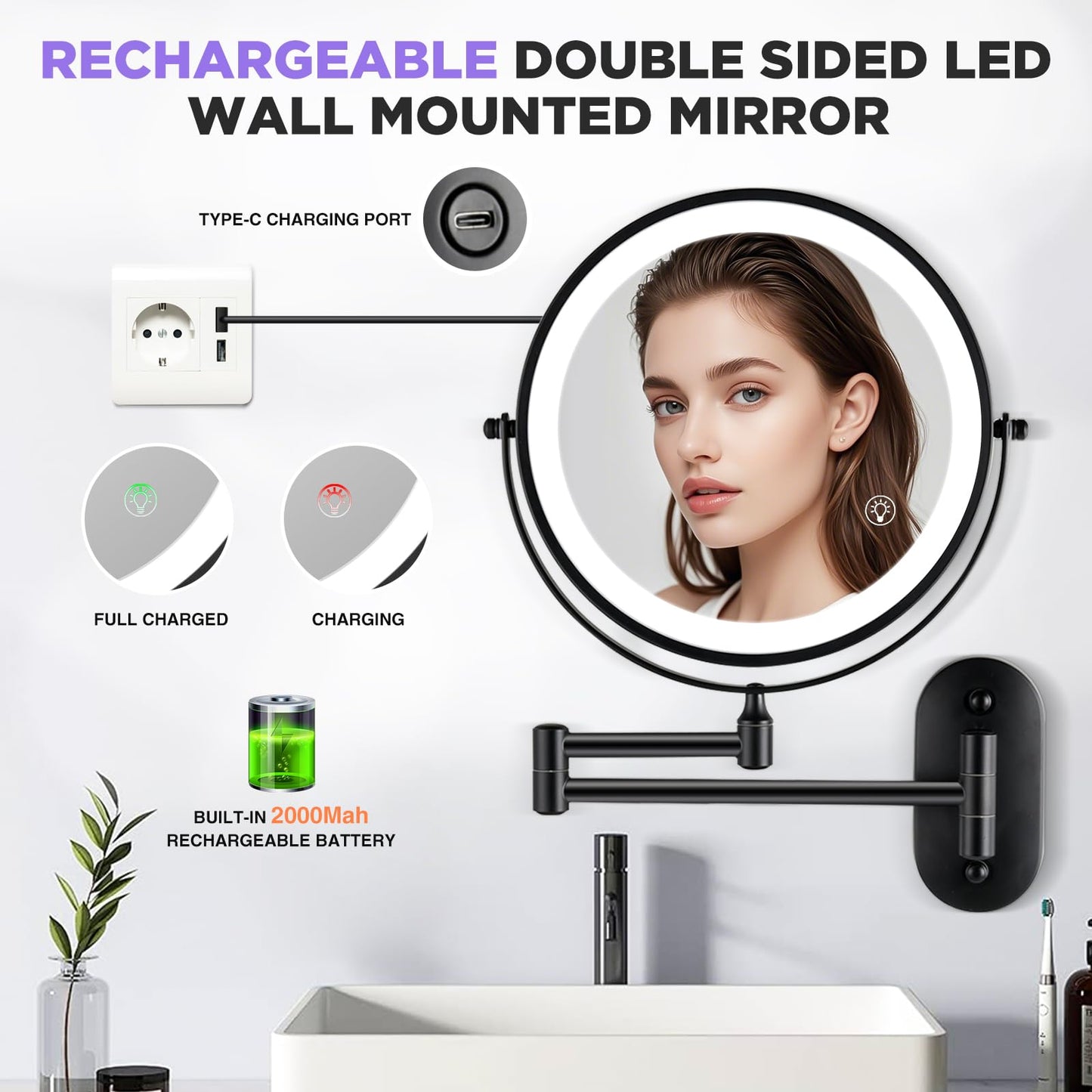 VORREMIRR 20X Magnifying Mirror with Light: 8.5 Inch Lighted Makeup Mirror, Wall Mount, 360 Rotation, Touch Screen, Rechargeable, Brushed Nickel