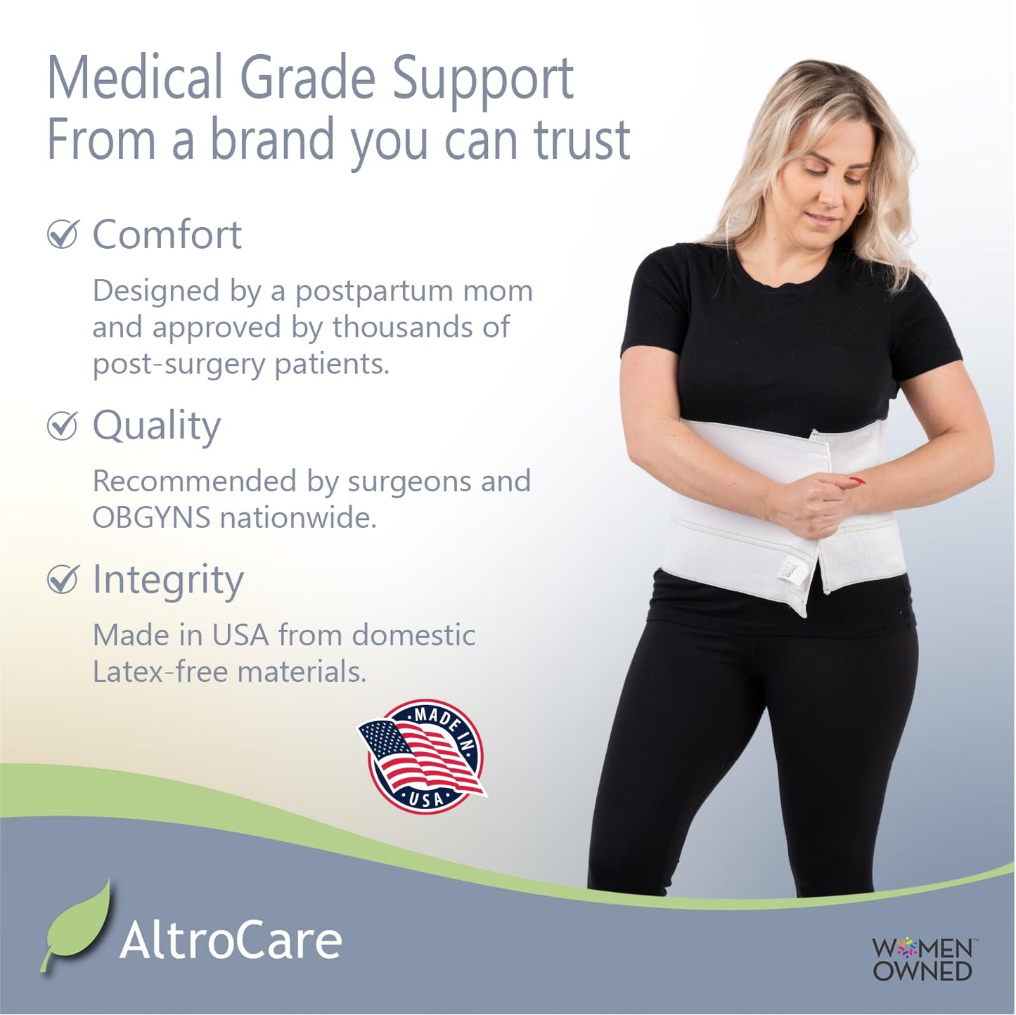 AltroCare Postpartum & Post Surgery Abdominal Binder. 3-Panel belly band for recovery after childbirth, hysterectomy, tummy tuck, hernia, diastasis recti. Size L/XL (45" to 60""). Made in USA."