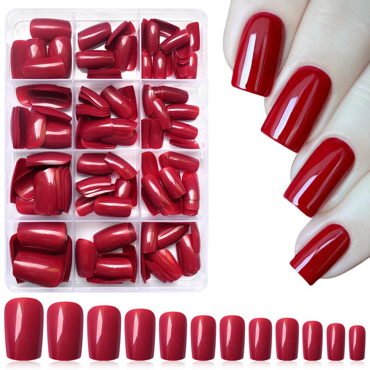 LoveOurHome 240pc Red Press on Nails Medium Square Fake Nails, Red Glue on Nail Press ons Square Nail Tips Medium False Nails Presson Artificial Fingernails with Tabs for Women Girls