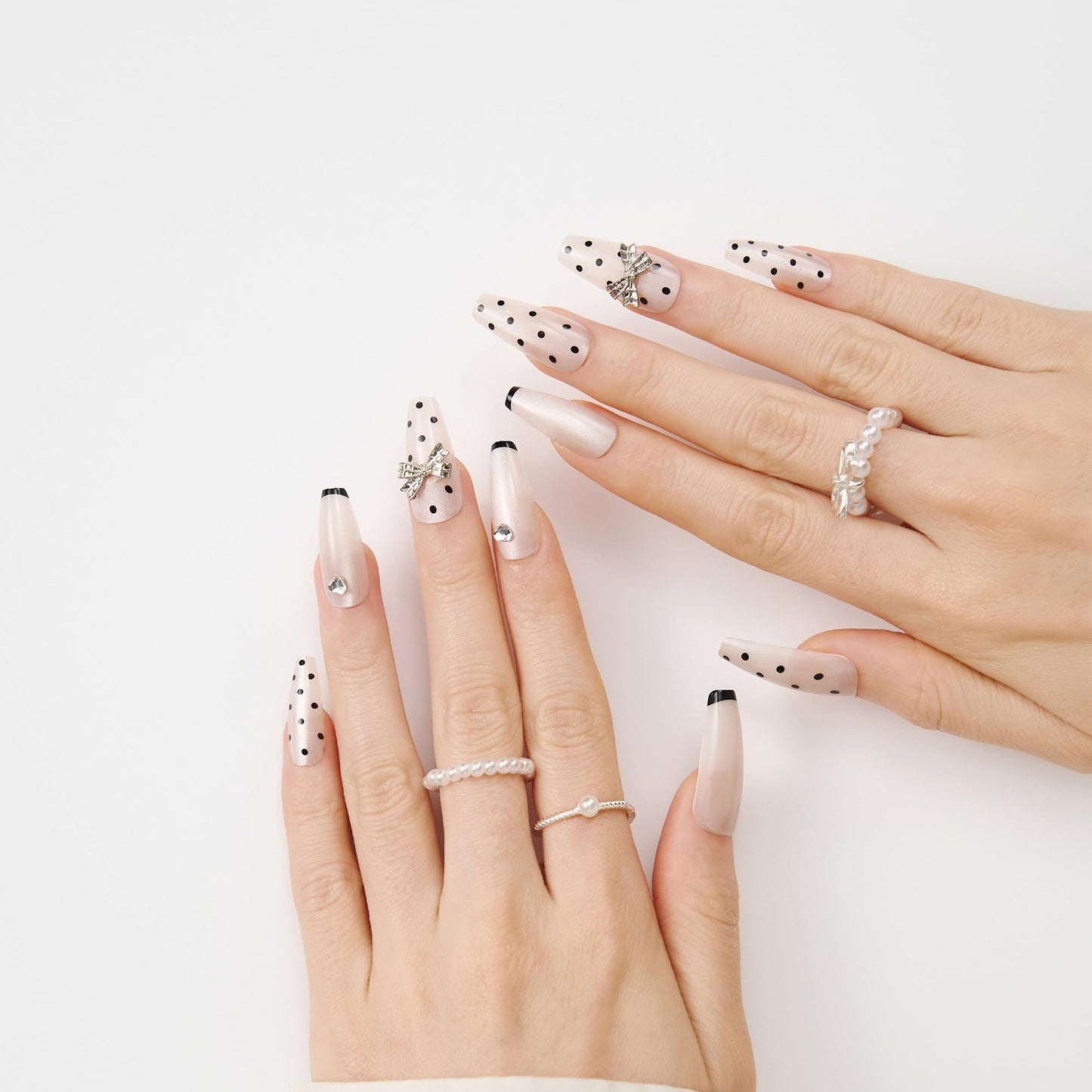 French Polka Dot Press On Nails - Handmade 3D Bow With Rhinestones Black French Tip Nails, Medium Ballerina, For Women And Teens, Ideal For Parties, Birthdays, And Casual Wear, 12 Sizes 24 Nail Kit