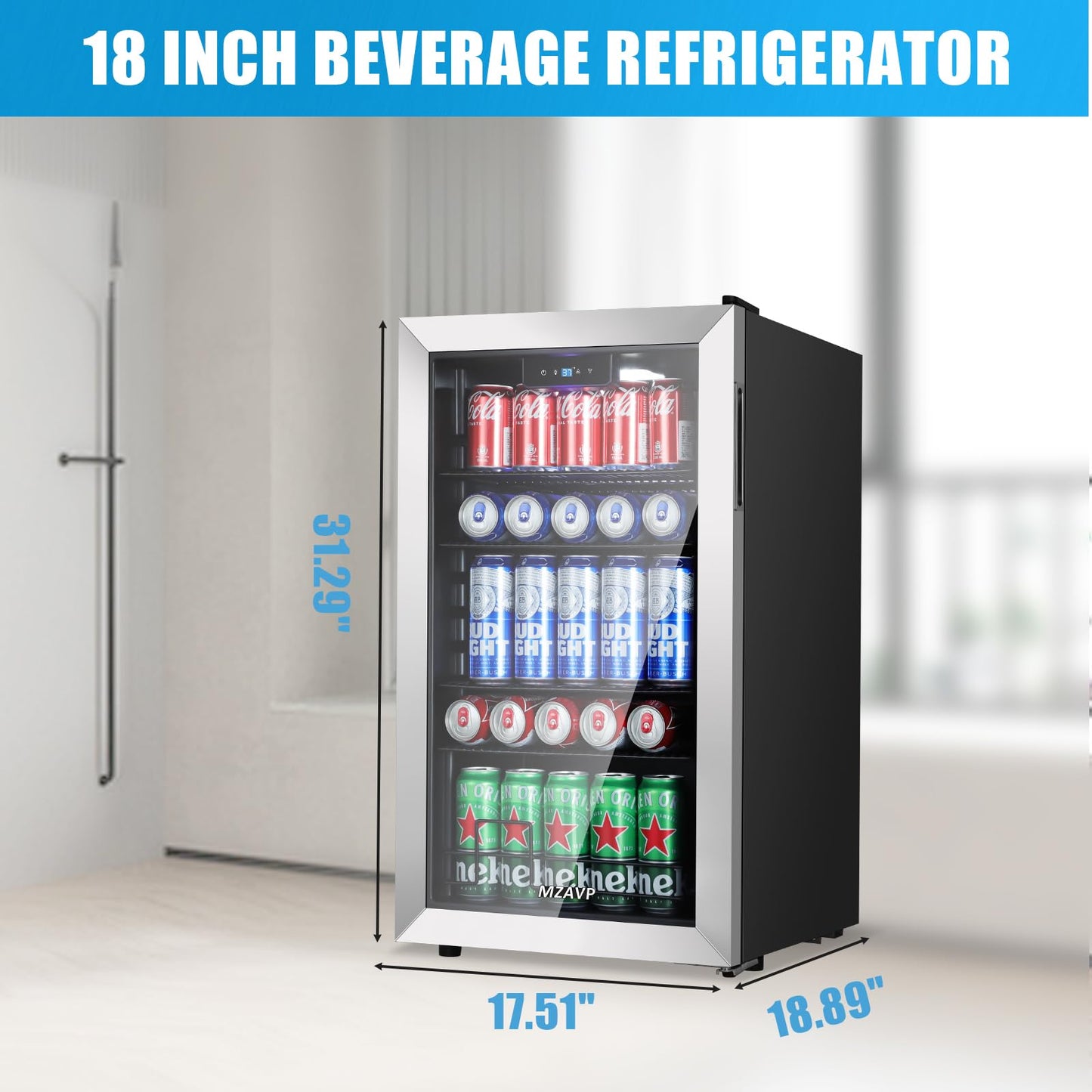 MZAVP Beverage Refrigerator Cooler, 120 Can Mini Fridge with Reversible Glass Door for Soda Beer, 3 Cu.Ft Drink Fridge with Digital Temperature Control & Adjustable Shelves - Silver