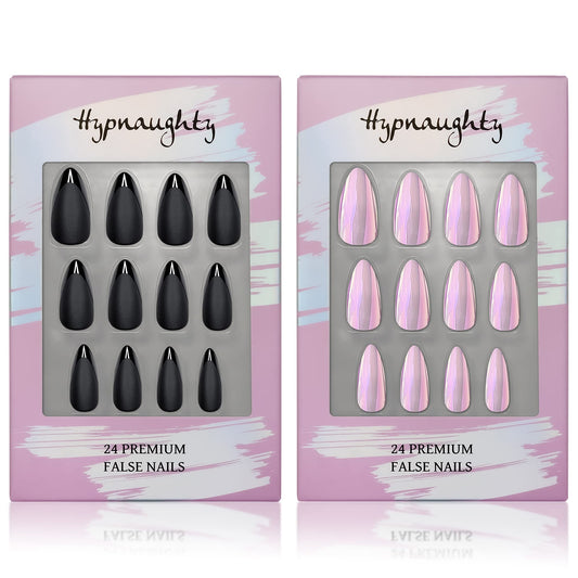 Hypnaughty Press On Nails - Caviar & Light Pink Almond Chrome, Trendy & Salon Quality Reusable Nails With Kit