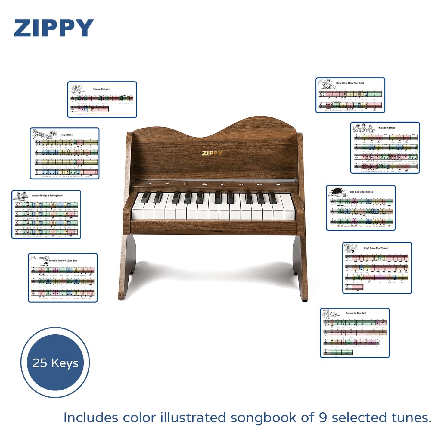 ZIPPY Kids Piano Keyboard, 25 Keys Digital Piano for Kids, Touch Sensitive Control Panel, Volume Adjustable, Mini Music Educational Instrument Toy, Wood Toy for Toddlers Girls Boys (Walnut)