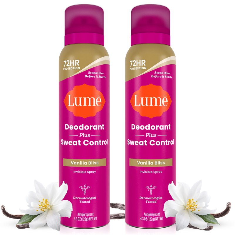 Lume Deodorant Plus Sweat Control - Invisible Spray - Extra Strength Antiperspirant For Underarms - 72 Hour Odor And Sweat Control - Phthalate and Paraben Free Formula - 2 Pack (Vanilla Bliss)