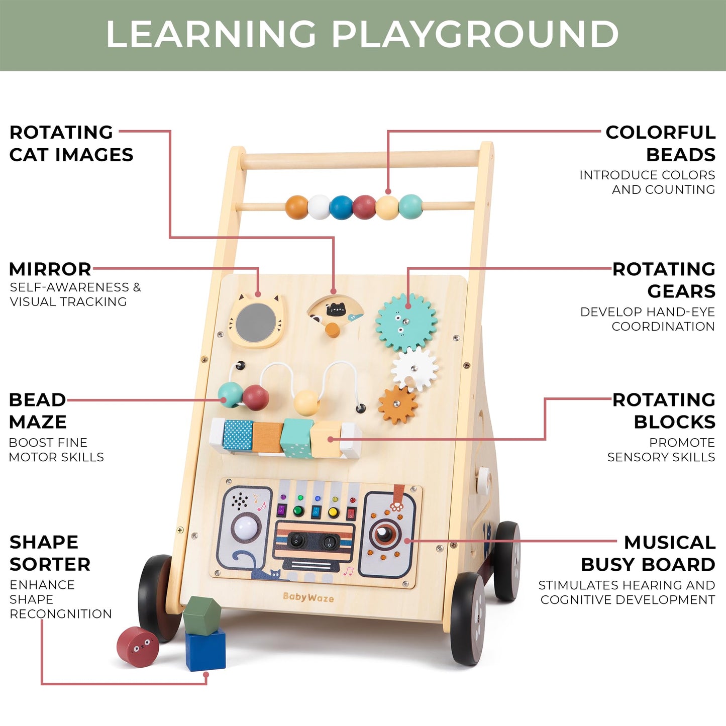 Wooden Baby Push Walker with Musical Activity Busy Board – 2-in-1 Montessori Learning Toy with Adjustable Speed, Bead Maze, Shape Sorter & Gear Wheels | Walk & Play Toy for Toddlers 9 –18 Months