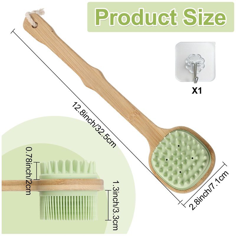 Silicone Back Scrubber for Shower, Silicone Bath Body Brush Loofah with Long Handle, Dual-Sided Shower Brush for Body, Green Exfoliating Body Scrubber for Men Women, Back Washer for Men with Hook