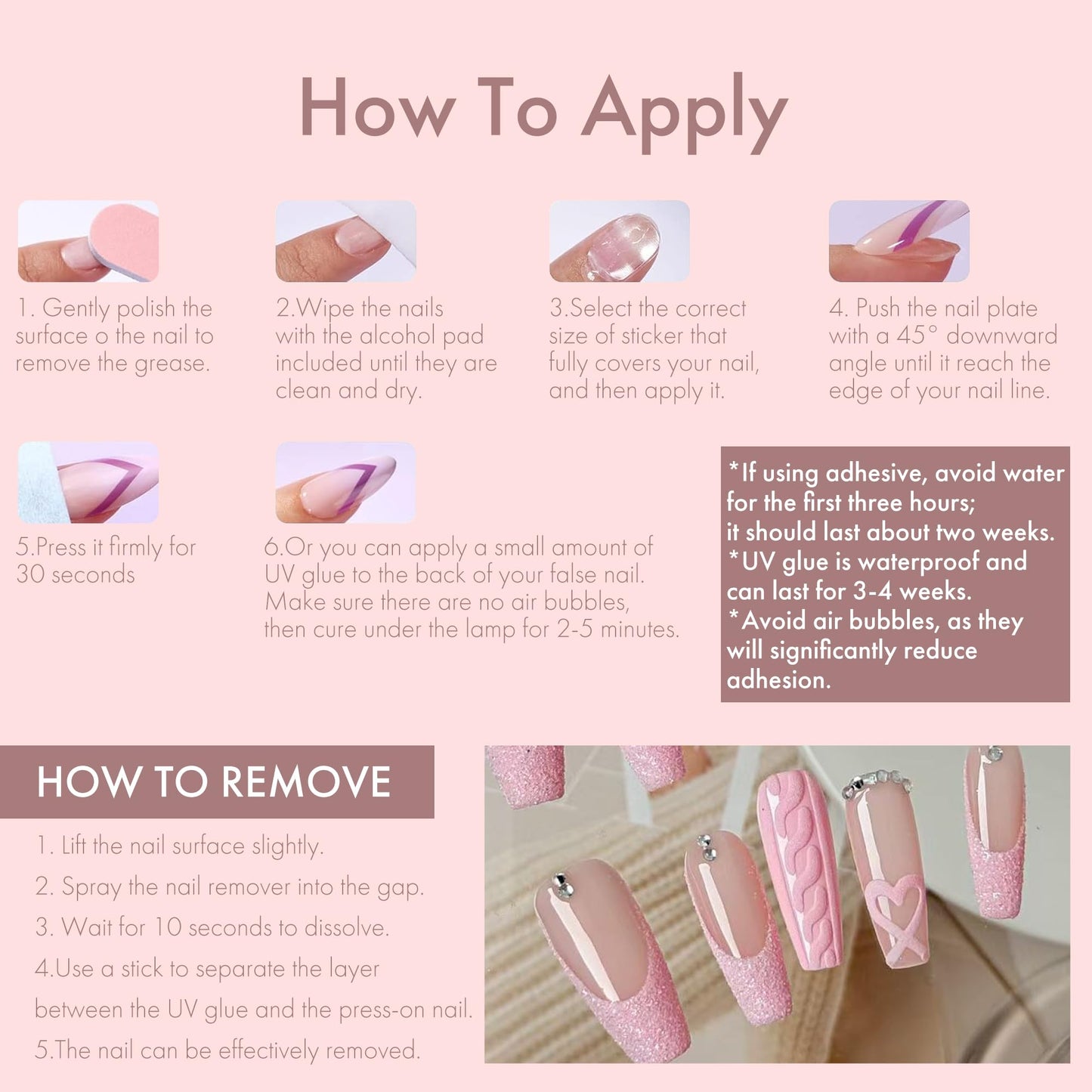 Press On Nails Pink Sweet Knit Series - Reusable False Nails with Knit Texture, Heart Design & Glitter Accents, Cute Elegant Acrylic Fake Nails for Women Daily Wear Dates Gifting (XS)