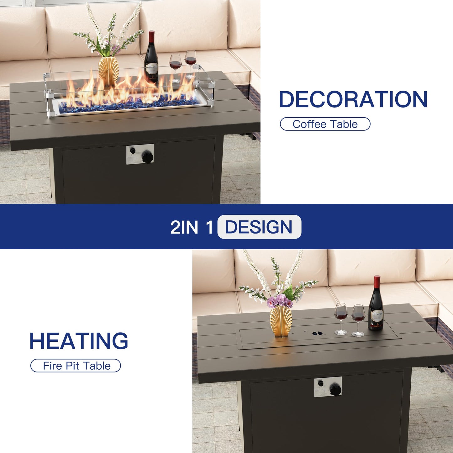 Kullavik 45" Propane Fire Pit Table,55000 BTU Auto-Ignitiongas Gas Fire Table with Fire Glass and Lid,Waterproof Cover and Blue Glass Stone for Patio,Balcony,Garden