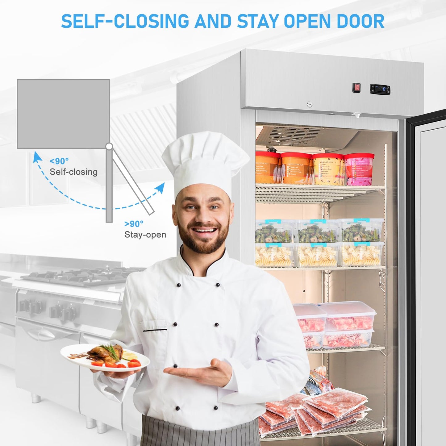 Commercial Freezer, 27"W Upright Freezer Stainless Steel, 20 Cu Ft Commercial Standup Freezer with 4 Adjustable Shelves, Self-Closing Reach-in Cooling Single Solid Door Freezer for Kitchen, Restaurant