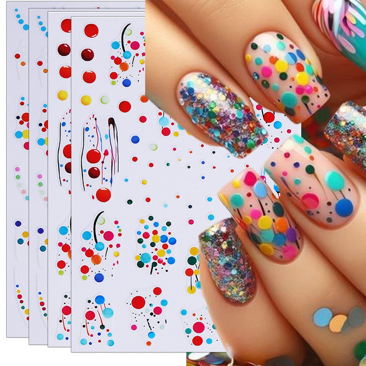 IDDFEVE French Rainbow Dot Nail Stickers - French Line Balloon Party Self-Adhesive Nail Art Decals for Women Girls, DIY Colorful Christmas New Year Celebration Pride Month Manicure (4 Sheets)