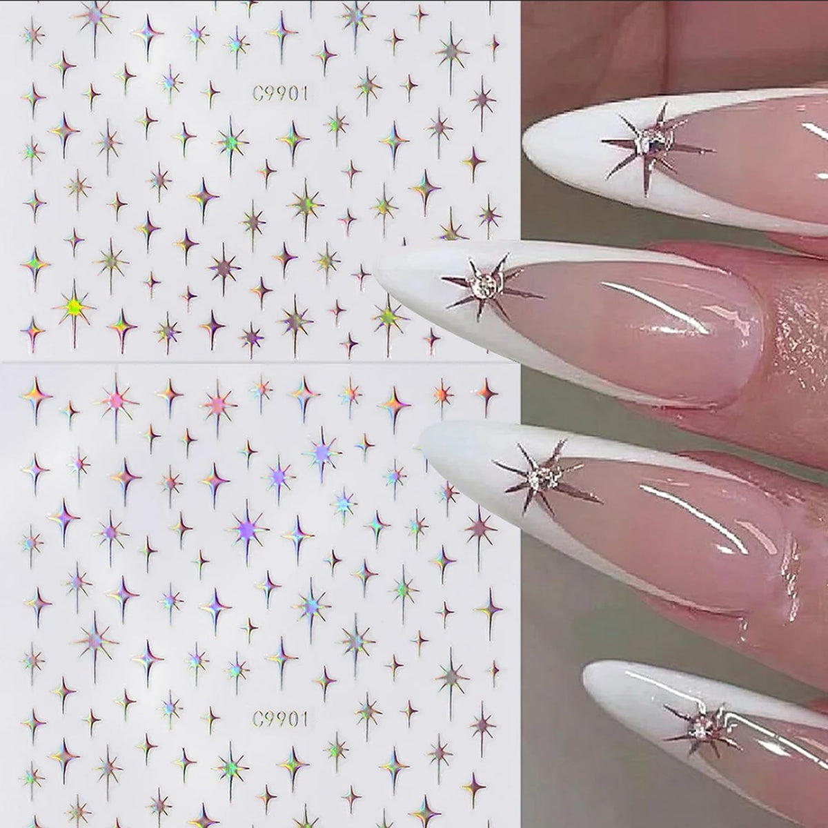 Star Nail Art Sticker 3D Glitter Metallic Laser Starlight Nail Stickers Silver Star Champagne Gold Black Shiny Sparkle Star Nail Tip Foil Adhesive Decals for Woman DIY French Manicure Accessories 6pcs