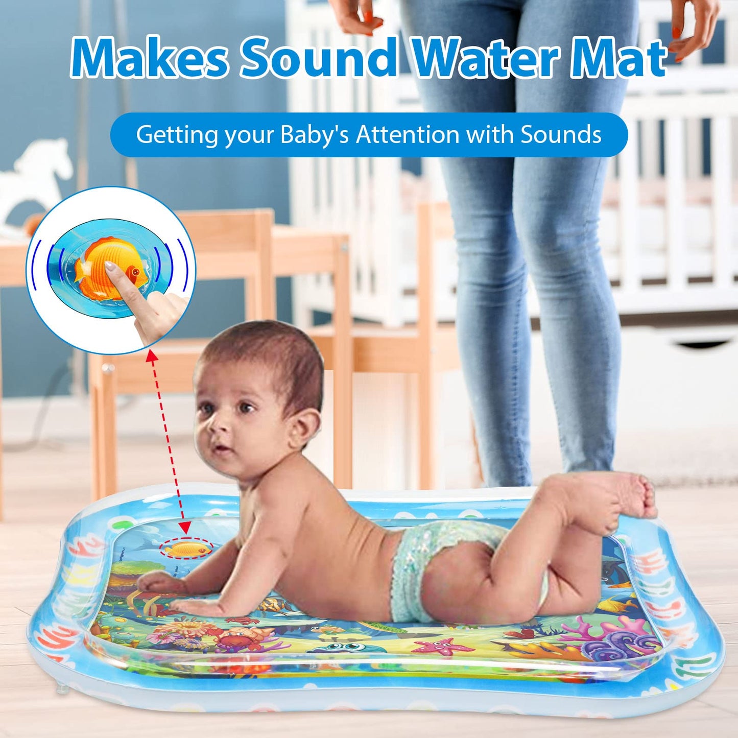 GARNHLOB Baby Water Mat Large 37.4"x29.9", Safe Inflatable Tummy Time Water Play Mat for Infants & Toddlers with Climate Pledge Friendly, Newborn Sensory Water Pad for Christmas Gift (Blue)