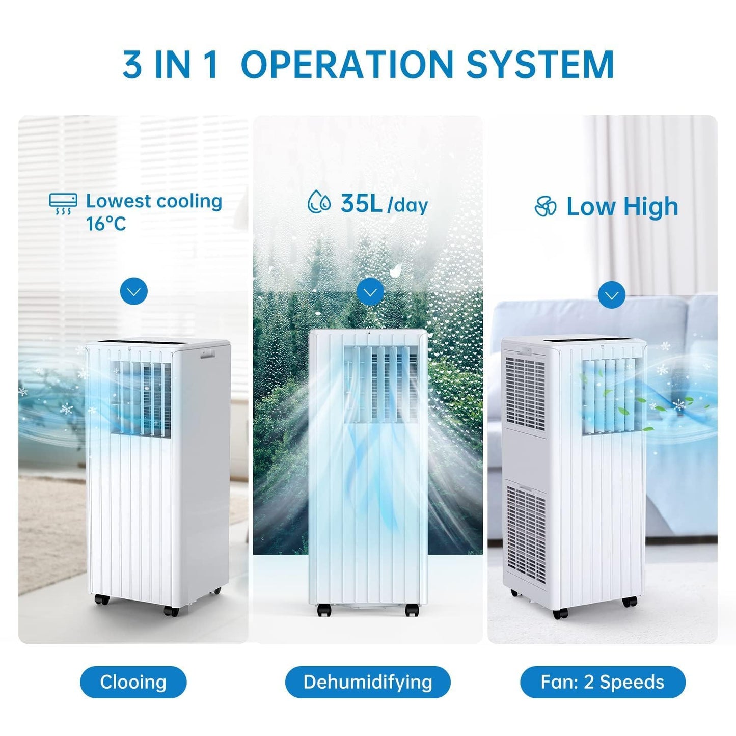 Portable Air Conditioner with 8,000 BTU Cooling Power – 3 Modes (Cool, Dehumidify, Fan) for Rooms Up to 350 Sq.Ft, Includes Remote, 24H Timer & Easy-Install Window Kit