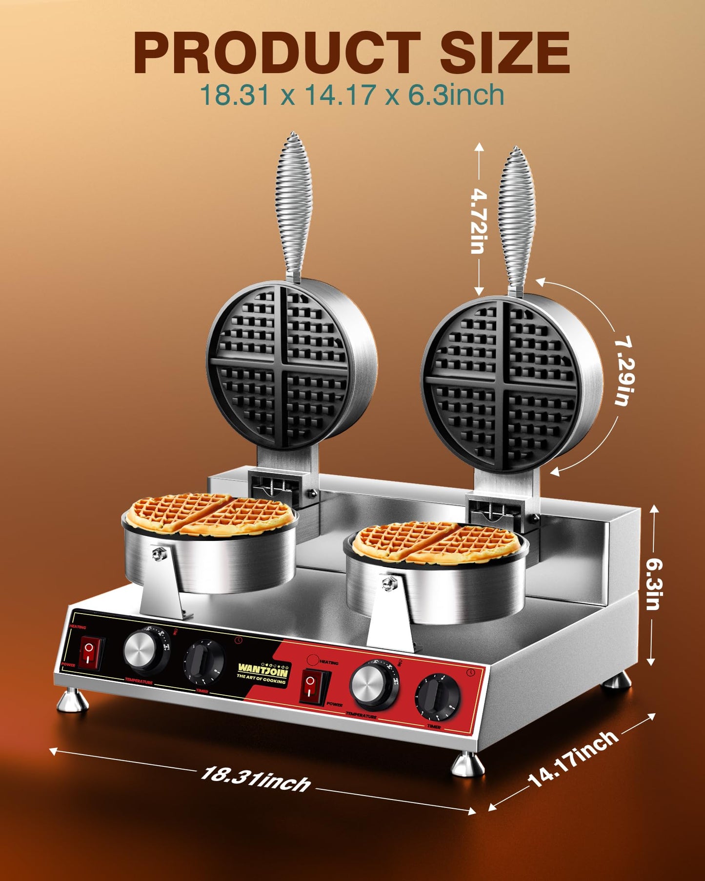 WantJoin Commercial Waffle Maker – Double-Head 360° Heating Waffle Irons, 122°F–482°F, Easy Operation, Non-Stick Plates & Stainless Steel Body, Ideal for Dessert Shops, Catering, 2500W