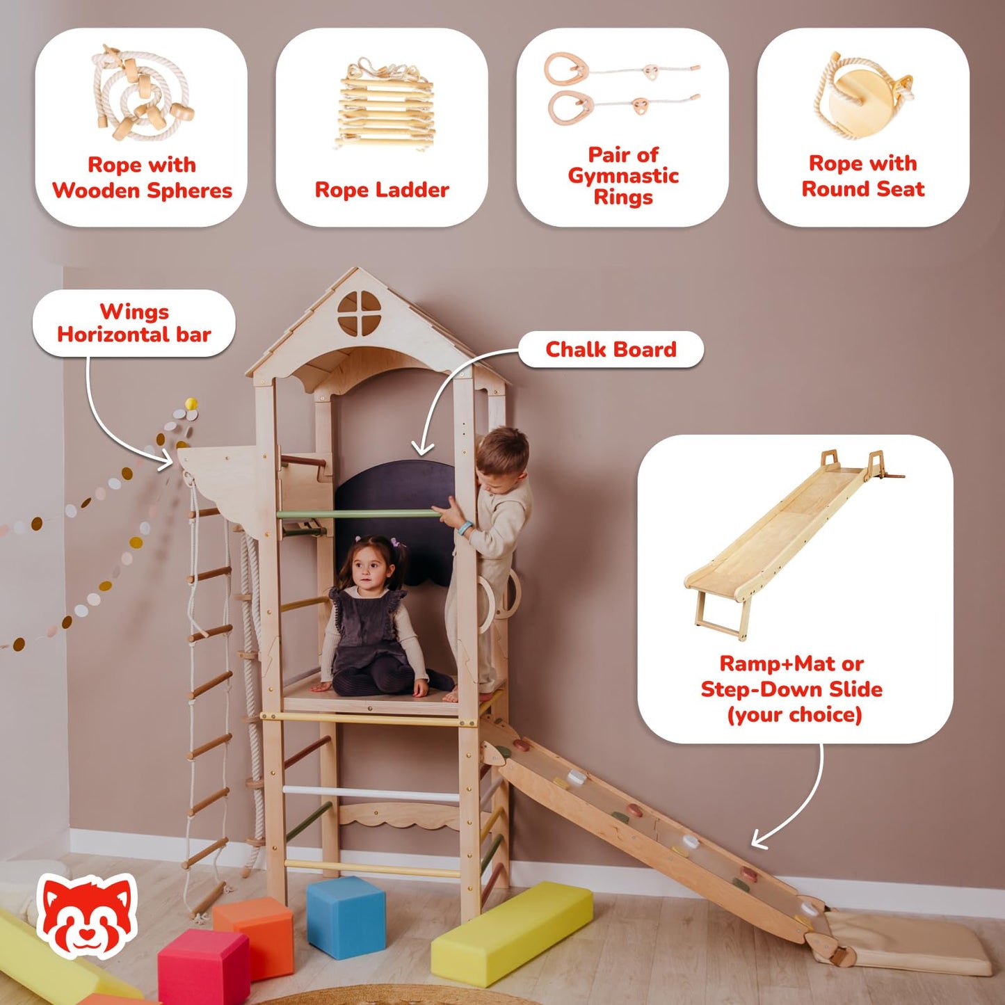 Wood And Hearts Indoor Wooden Climbing Complex, Indoor Jungle Gym for Kids Ages 3-8, Indoor Climbing Gym (Mini Tower Playset)
