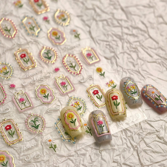 5D Embossed Flower Nail Stickers Irregular Geometric Frames Nail Designs Gold Hollow Designs Nail Decals Dasiy Rose 3D Self-Adhesive Summer Nails Art Decoration for Women DIY 1 Sheet