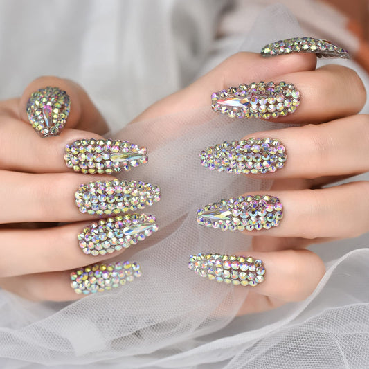 ELEVENAIL 24pcs Luxurious 3D Crystal Press on Nails Long Coffin False Nails Salon DIY Manicure Reusable Fake Acrylic Diamonds Handmade Nail Art Tips Gifts for Women Girls