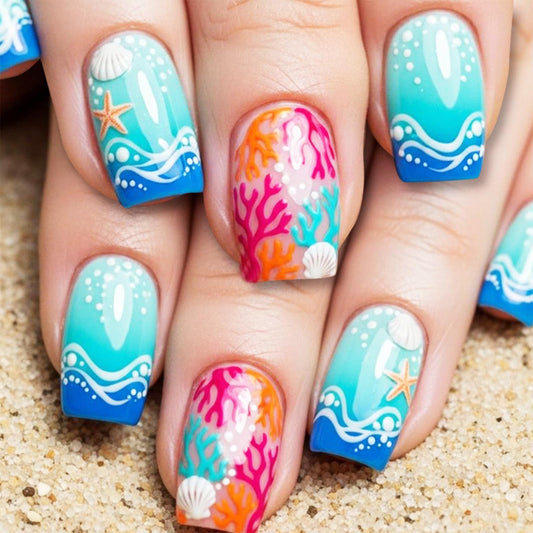 Summer Ocean Press on Nails, Medium Square Fake Nails with Starfish and Seashell Design, Glossy Gradient Blue False Nail Coral Stick on Artificial Nail for Women Beach Vacation, Reusable Acrylic Nail
