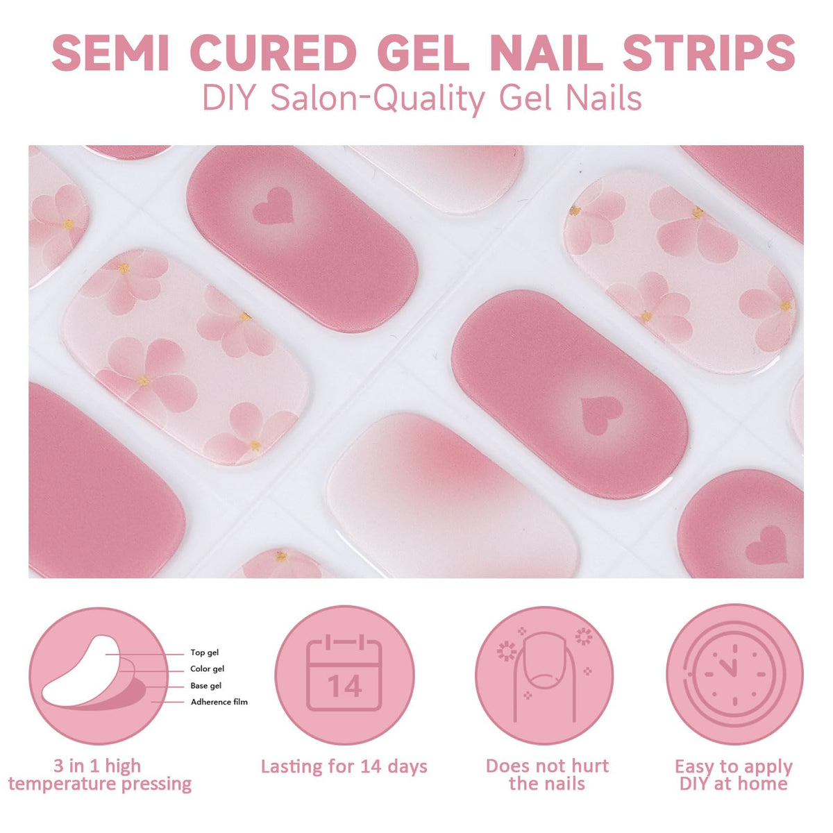 DUKASOU Semi Cured Gel Nail Strips,28 Pcs Flowers Gel Nail Stickers Wraps,Long Lasting Polish Strips with UV Light Requried, Easy to Apply (Pink Love)