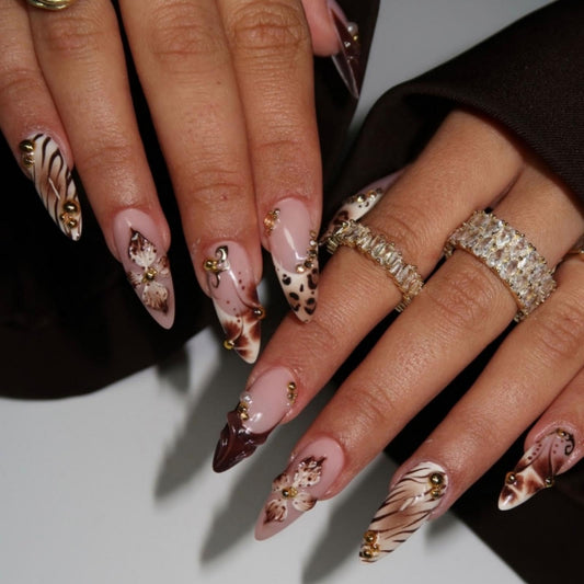 French Tips Press on Nails Medium Almond Nails Press on with 5D Flower Charm Design Glossy Brown Leopard Prints Glue on Nails Pearls Rhinestones Fake Nail Fall Winter Nail for Women Manicure 24Pcs
