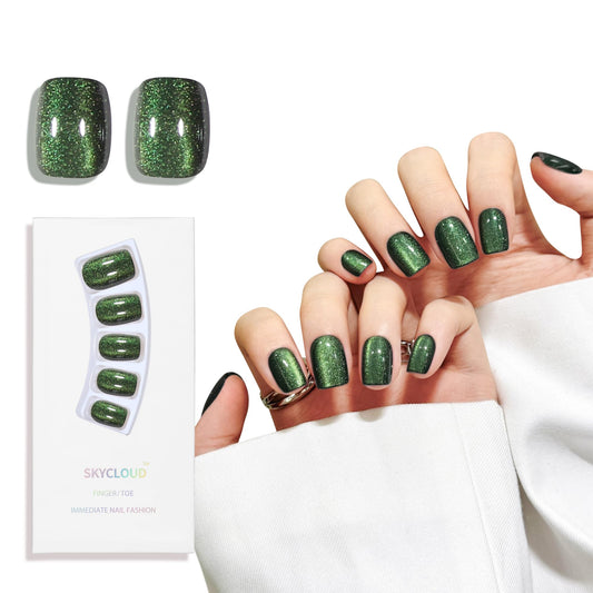 Green Cat Eyes Press On Nails,12 Sizes - 24 Pcs Soft Gel Green Short Squoval Fake Nails Kit with Nail Glue, Natural Reusable Stick On False Nails for Women and Girls SK1066