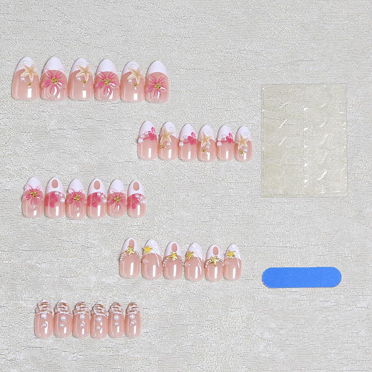 Short Almond Press on Nails French Tip Fake Nails with 3D Flower & Starfish Charms Design Glossy Acrylic False Nails Full Cover Stick on Nails Summer Beach Ocean Style for Women Girls 30Pcs