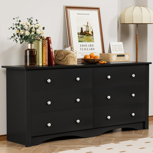 YESHOMY Black Dresser for Bedroom with 6 Drawers, 58" Wide Modern Chest of Drawers, Wooden Dresser, Storage Organizer for Living Room, Hallway