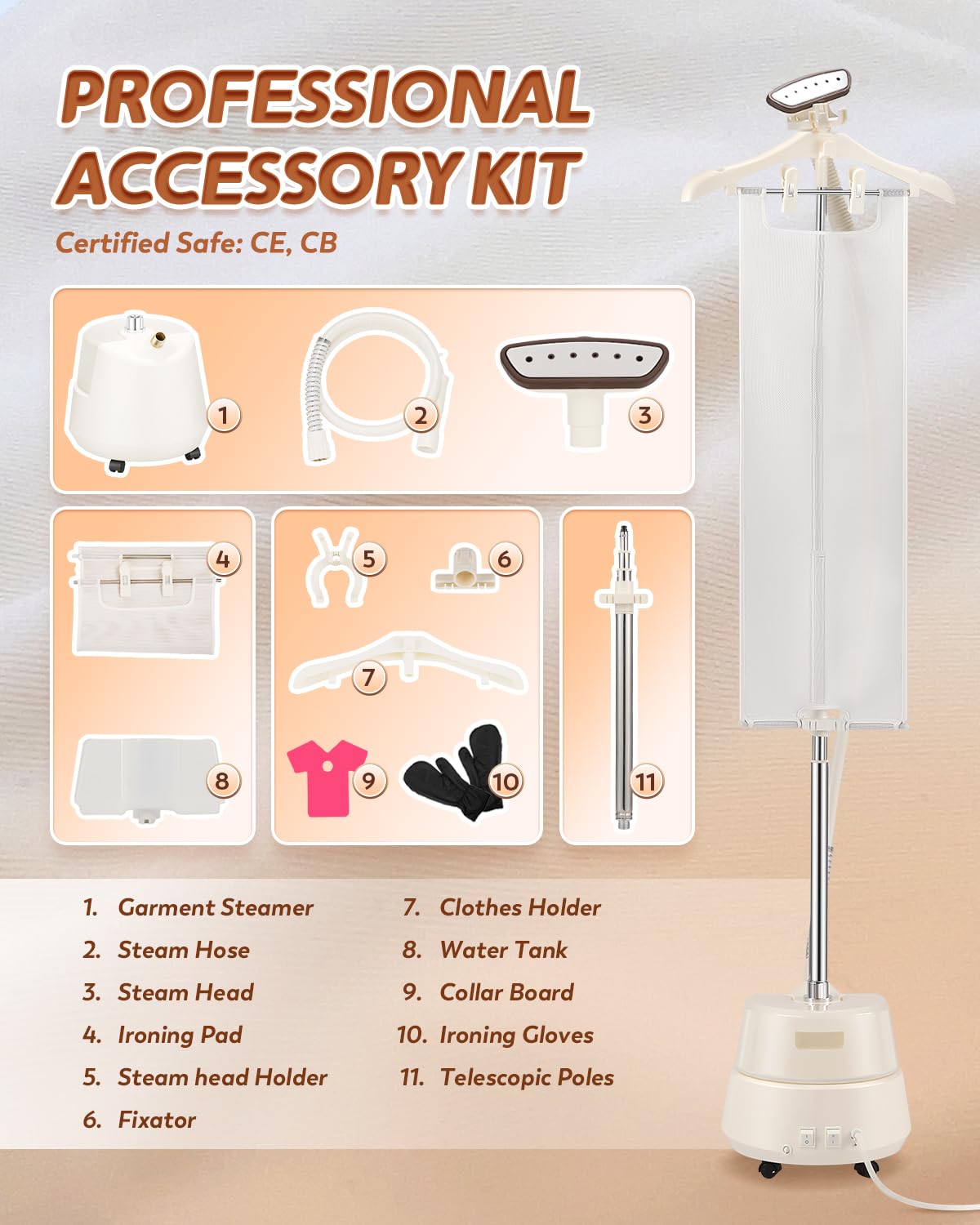 Hapyvergo Standing Garment Steamer with Ironing Pad, 2200W Steamer for Clothes, 3L Tank, 70-Min Continuous Steam, 40s Fast Heating, Adjustable Height, Drain Port Design, Universal Wheels, White