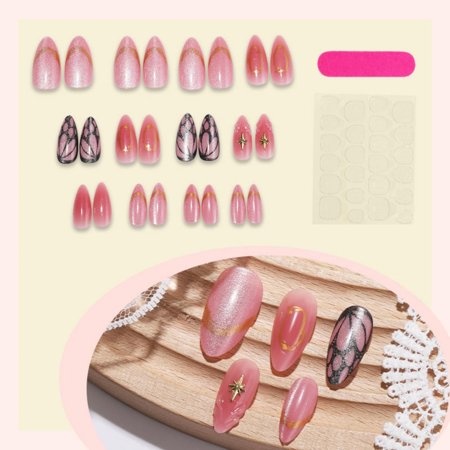 octoswave Press on Nails Long Almond Fake Nails Pink Artificial Nail Purple Butterfly Stick on Nail for Women 24pcs