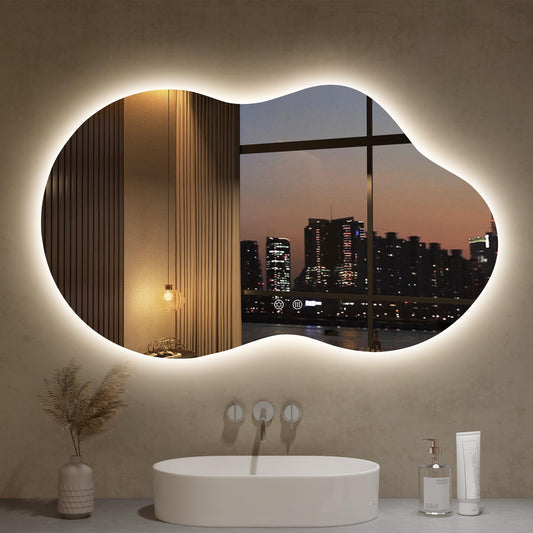 LOVESPEJO Irregular Backlit Mirror Bathroom 40x24 Inch, Asymmetrical Cloud LED Bathroom Mirror with Lights, Fogless, Dimmable, 3 Color Changing, Shatterproof