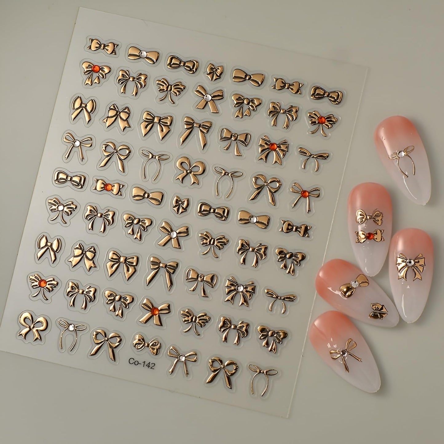 Gold Nail Stickers Gold Bow Nail Stickers for Nail Art 5D Self-Adhesive Nail Decals with Rhinestones Design Bow Nails Art Supplies Decoration Accessories for Women and Girls