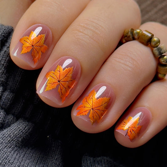 CurvLife Fall Press On Nails Short Oval Maple Leaf Design – Soft Gel Salon Quality False Nails Fake Nails with Glue, Long Lasting Daily Nail Tips for Women