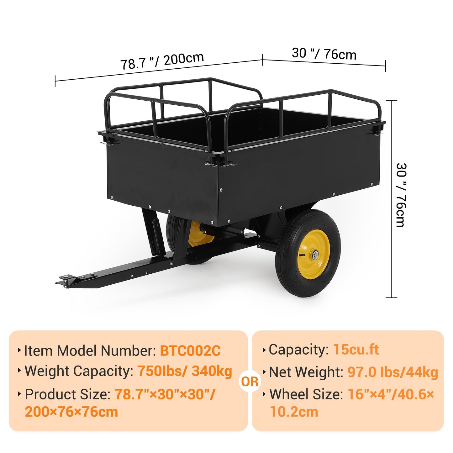 750LB Dump Cart, Heavy Duty Steel Garden Utility Trailer with Manual Dump,Pull Behind Trailer for Lawn Mower, Tractor, ATV for Yard & Farm