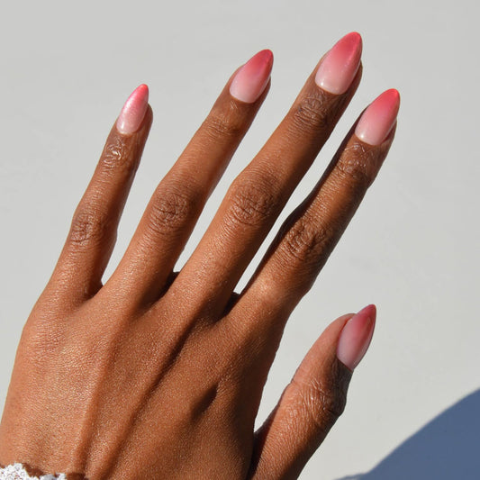 Glamnetic Press On Nails - Faded Feelings | Spring Nails | Short Almond Fake Nails with Pink Velvet Ombre Tips in a Velvet & Glossy Finish, Salon Quality | 15 Sizes - 30 Nail Kit with Glue